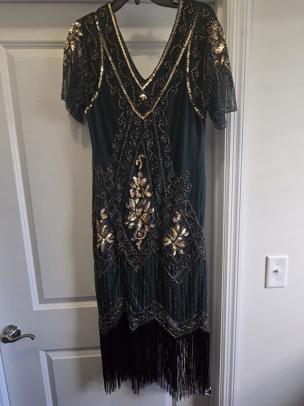 BABEYOND Green Gold Sequin Fringe 1920s Gatsby Flapper Dress XL